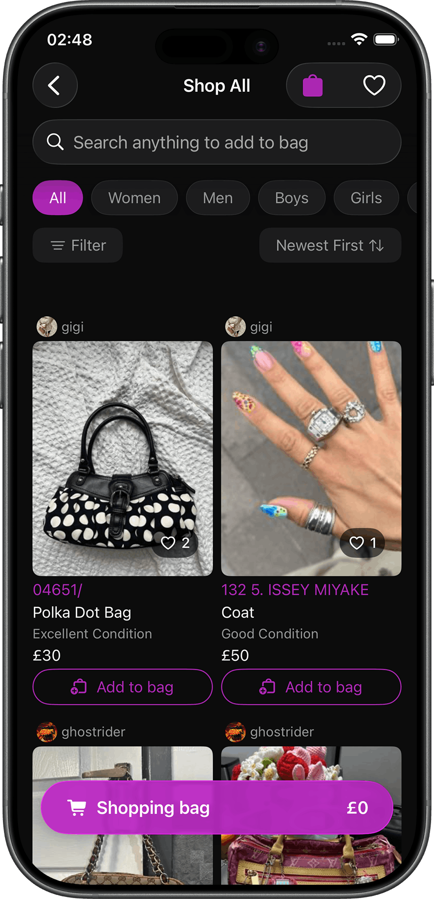 WEARHOUSE app screen 1