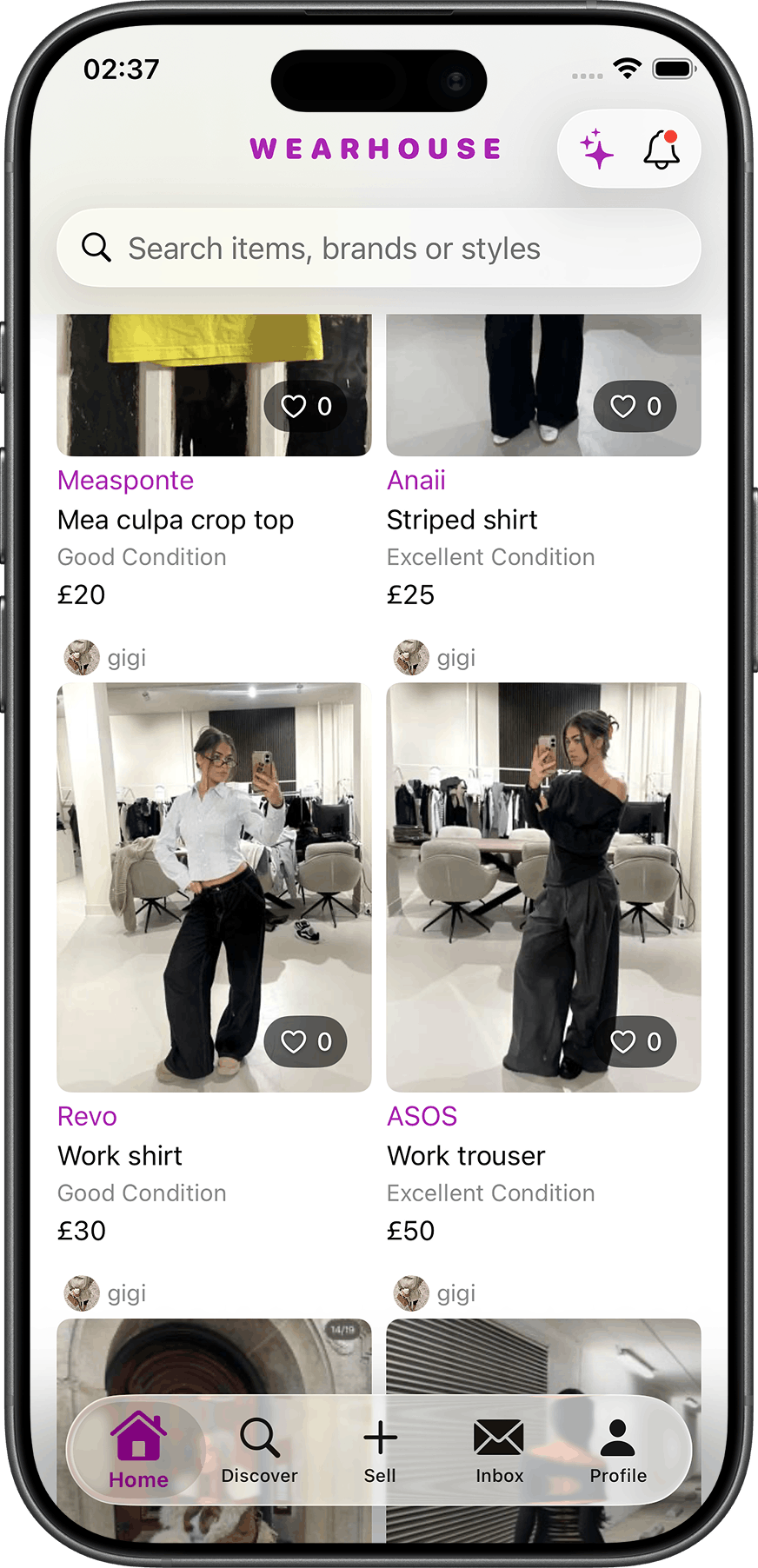 WEARHOUSE app screen 3